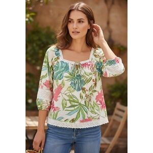 Nicole Miller New York‎ 3X Floral Print Linen Blend Crochet Trim Top NWT